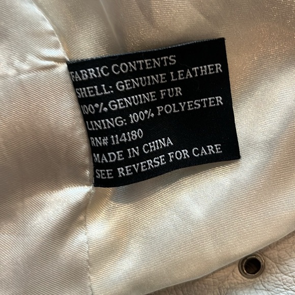 GORGEOUS Ivory genuine leather moto jacket coat fur trim studded sharif size L - Picture 8 of 17